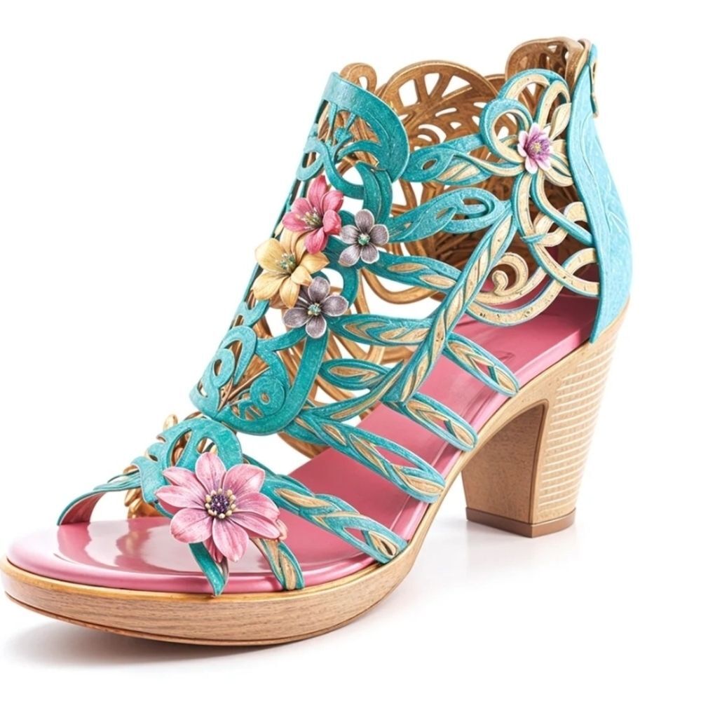 Bohemian Blue and Pink Laser-Cut Floral Heels